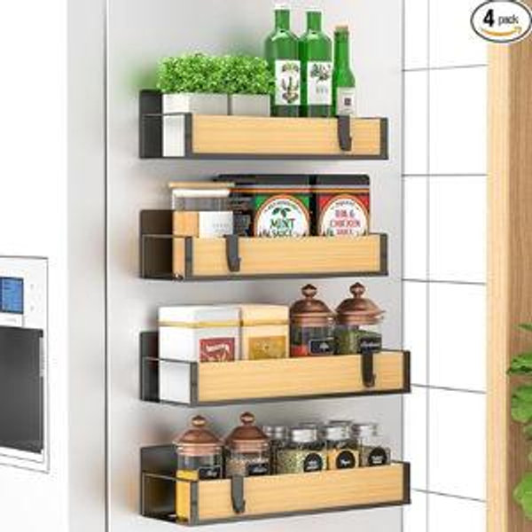 HuggieGems 4 Pack Magnetic Spice Storage Rack, Wood