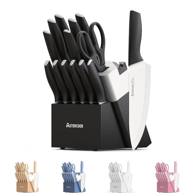 Astercook Knife Set, 14 Pieces Kitchen Knives Set with Healthy Anti-Rust Coating, Stainless Steel Knife Sets with Built-in Sharpener, Sharp & Rust Resistant Dishwasher Safe Elegant Black