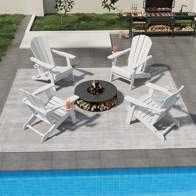 Patio Kingdom Folding Adirondack Chairs with Cup Holders, Set of 4 HDPE Plastic Outdoor Chairs, Weather Resistant, Real Wood Look, Heavy-Duty Patio Furniture for Deck, Fire Pit, Backyard, White