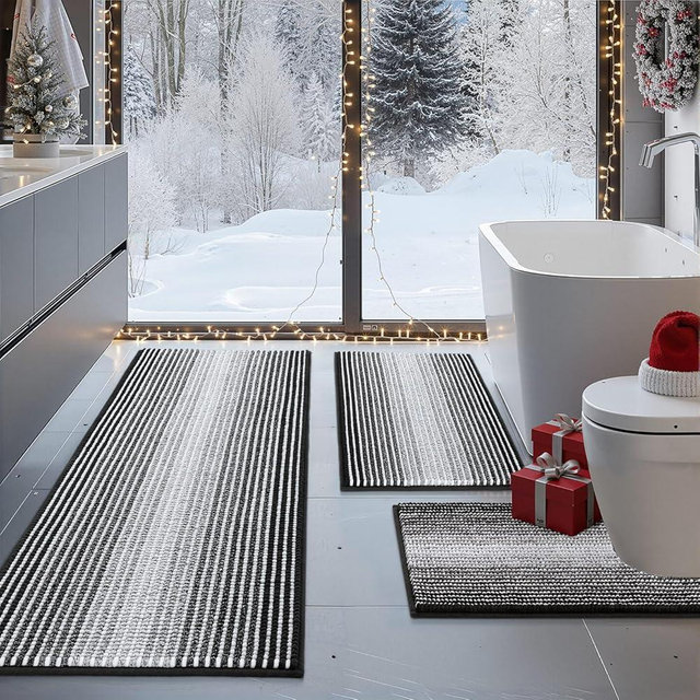 BSICPRO Bathroom Rugs Sets 3 Piece, Large Toilet Rugs U-Shaped Chenille Shower Mat, Non-Slip Absorbent Bath Floor Mats, Black