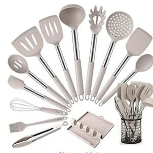 HOTEC 446°F Heat Resistant Silicone Kitchen Utensils, Cooking Utensil Set, Spatula Set, BPA Free, Kitchen Gadgets, With Stainless Steel Utensils Holder, Dishwasher Safe 14pcs Khaki