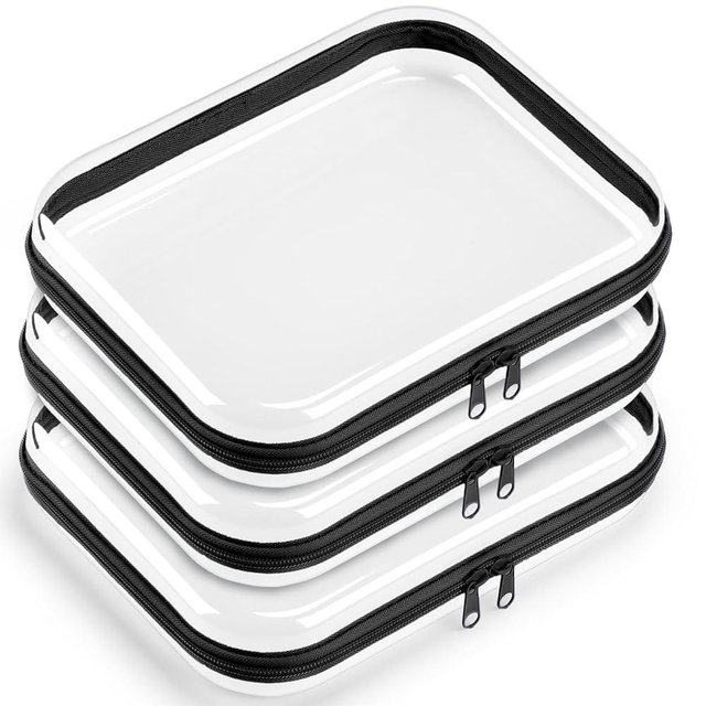 Hoolerry 3 Pcs Clear Hard Zipper Case Plastic Pouch Transparent Hard Case Clear Makeup Bag Portable Travel Organizer Bin for Cosmetics, Building Blocks, Puzzles (Black,M)