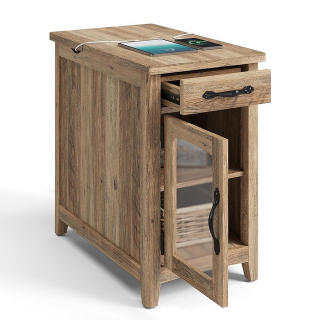 LINSY HOME Farmhouse End Table with Charging Station, Narrow Side Table for Living Room, Sofa Side Table with Drawer and Storage Cabinet, Small Nightstand for Bedroom