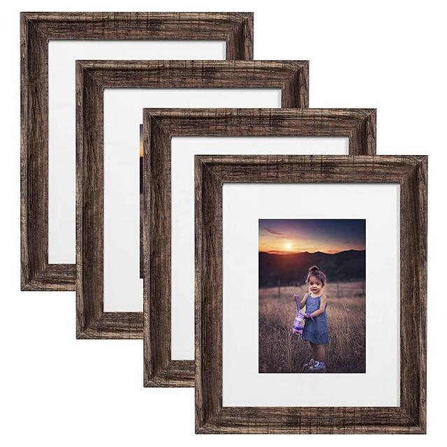 Upsimples Home 8x10 Picture Frame, Real Glass and Composite Wood for Wall or Tabletop Display, Display Pictures 5x7 with Mat or 8 x 10' Without Mat, Hanging Hardware Included, Set of 4, Brown