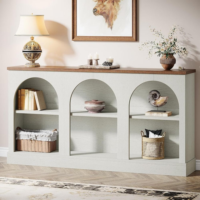Tribesigns Farmhouse Console Table, 63-Inch Long Entryway Table with 3 Tier Storage, Wooden Rectangular Sofa Table Behind The Couch for Entrance, Hallway, Living Room, Off-White and Brown