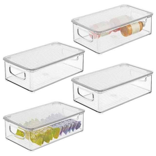 mDesign Plastic Stackable Slim Storage Bin Organizer with Handles for Kitchen, Bathroom, Pantry, Refrigerator, Freezer Organization, Holds Food, Fruit, Jars, Packets, Snacks, 4 Pack - Clear/Clear