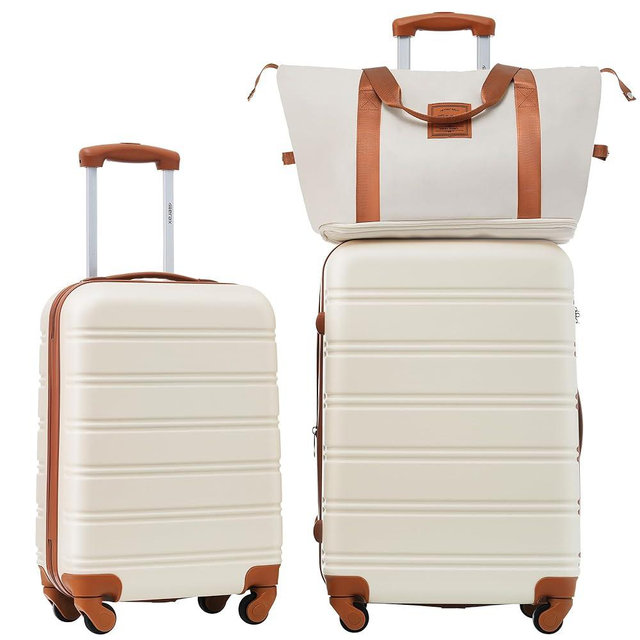 Merax Luggage sets of 3 Piece 20 24 IN Carry on Luggage Hard Case White and Brown Luggage Expandable Checked Luggage Suitcase Set with Wheels
