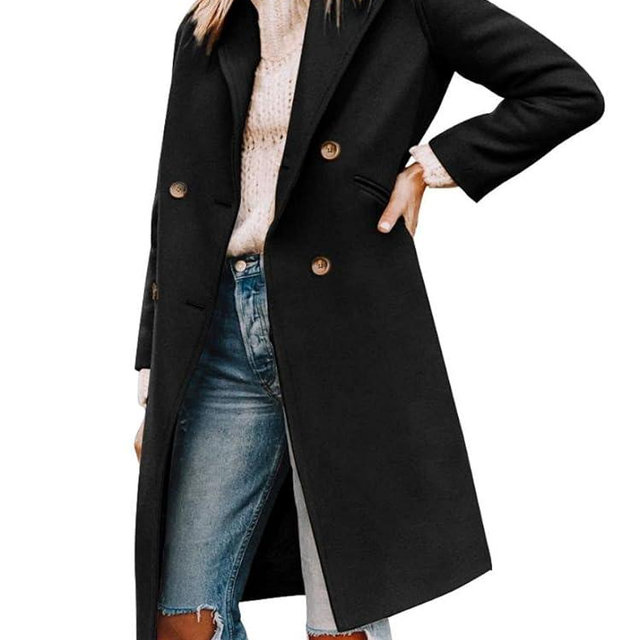 Yousify Womens Notched Lapel Collar Double Breasted Pea Coat Winter Wool Blend Over Coats Long Jackets