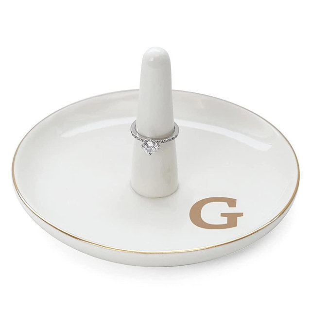 HOME SMILE Initials Ring Holder Jewery Tray with personalized G-Monogrammed Engagement Gifts for Friends,Birthday Mother's Day Christmas Gifts for Women,Ceramic White