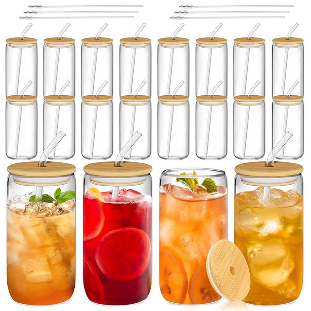 16oz Glass Cups with Bamboo Lids and Glass Straws - 20Pcs Drinking Glasses Set, Iced Coffee Cup, Glasses Tumbler for Coffee, Juice, Tea, Soda, Smoothie, Cocktail Include Cleaning Brushes & Gift Boxes