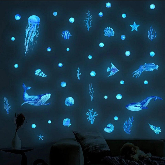 46 Ocean Sea Creatures in Blue Glow In The Dark Wall Sticker Decor including exotic Fish, Shells, Whales & Coral Cool Wall Art decal murals