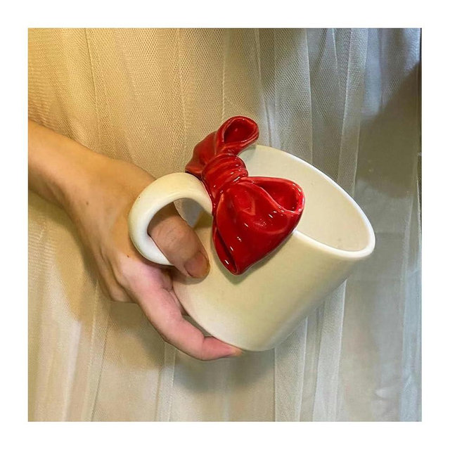 200ml/6.67oz Nordic ins style ceramic mug with bow tie for couples drinking water cup for office home restaurant cafe-red-201-300ml
