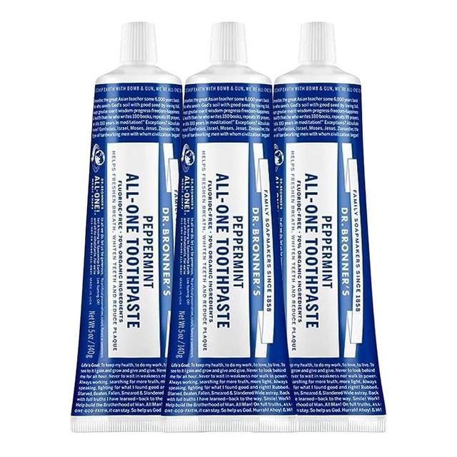 Dr. Bronner’s - All-One Toothpaste (Peppermint, 5 Ounce, 3-Pack) - 70% Organic Ingredients, Natural and Effective, Fluoride-Free, SLS-Free, Helps Freshen Breath, Reduce Plaque, Whiten Teeth, Vegan