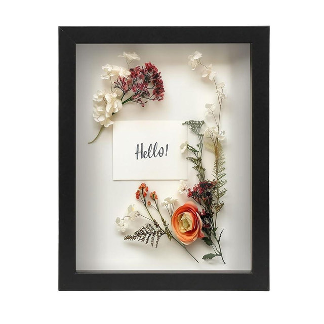 FrameWorks 8.5” x 11” Black Wooden Shadow Box Frame – Display Case with Soft Felt Back, Memory Box with Tempered Glass, Display Box with Elegant White Ball Push Pins, Wooden Flower Box