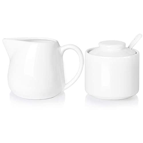 ONTUBE Porcelain Sugar and Creamer Set of 3,Cream Pitcher, Spoon, Sugar Bowl with Lid,Cream White