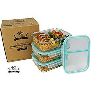 HoleCards Glass Meal Prep Food Storage Container 3 Compartment BPA Free Microwave Safe Reusable Leakproof Container set with Lids (37oz, Set of 2)