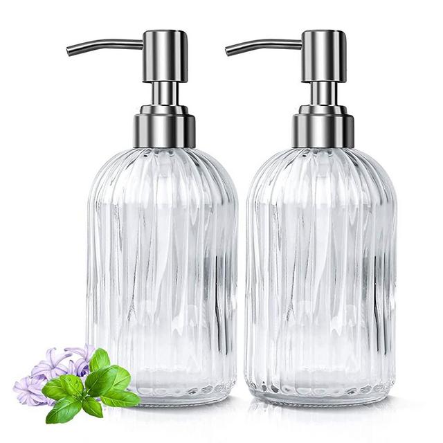2 Pack Soap Dispenser 18 Ounce Tempered Glass Clear Hand Liquid Soap Bottle Refillable Lotion Dispensers with Rust Proof Pump for Bathroom Countertop Kitchen Sink (Vertical Stripes)