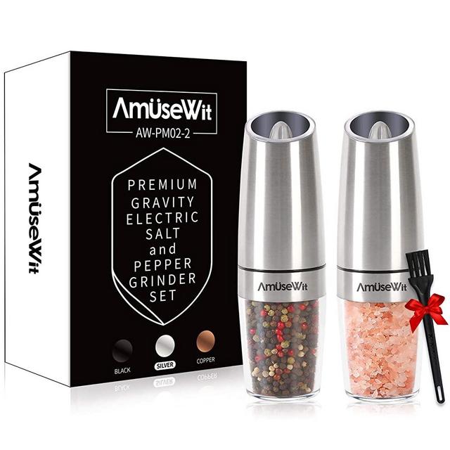 Gravity Electric Salt and Pepper Grinder Set - Battery Operated Automatic Salt and Pepper Mills with White Light,Adjustable Coarseness,One-Handed Operation,Utility Brush,Stainless Steel by AmuseWit