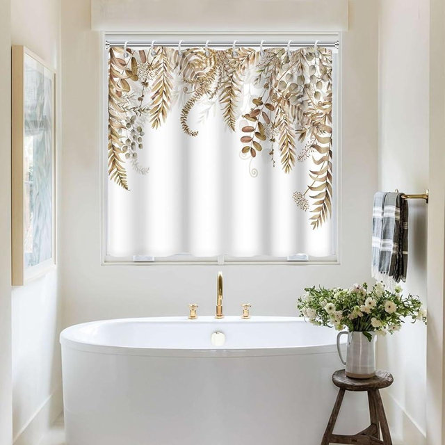 Ruelvth Shower Window Curtain, Waterproof Spring Brown Eucalyptus Small Short Window Curtain with Hooks for Kitchen and Bathroom, 60x48 Inch