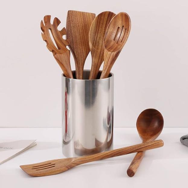 Acacia Wood Utensils Set - 6 Piece Handmade Wooden Spoons for Cooking, Natural Acacia Wood Kitchen Utensils for Non-stick Cookware, Turner, Serving Spoon, Slotted Spoon, Soup Ladle, Spaghetti