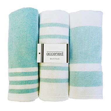 Accented Kitchen Towels, Set of 3 - Thick, Fast Drying, Absorbent Tea Towels - Turkish Cotton Terry Back Dish Towel Set with Hanging Loop - (19 x 26 inches) (Mint Green)