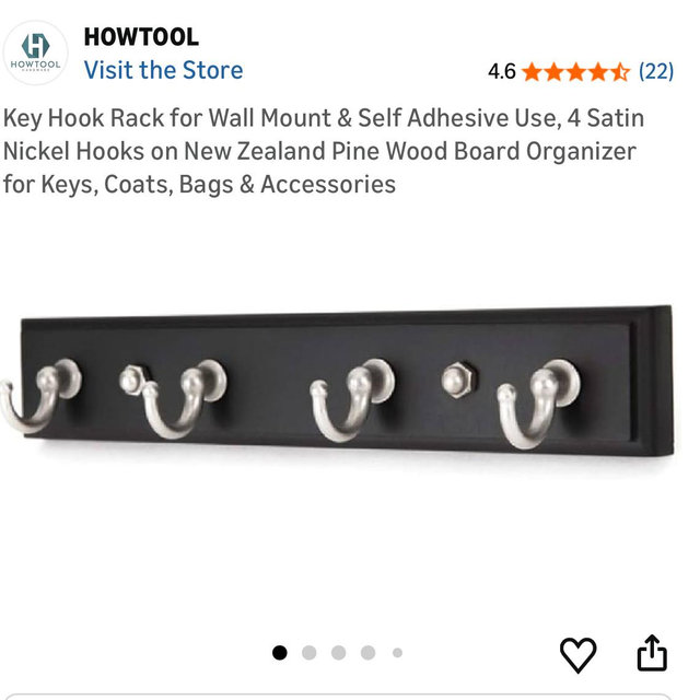 Key Hook Rack for Wall Mount & Self Adhesive Use, 4 Satin Nickel Hooks on New Zealand Pine Wood Board Organizer for Keys, Coats, Bags & Accessories