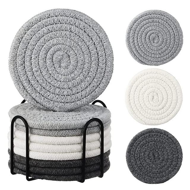9 PCS Coaster for Wooden Table 4.5" Coasters for Drinkers Absorbent with Holder Woven Coasters Trivets for Hot Pots and Pans Pot Holders for Kitchen Heat Resistant Farmhouse Kitchen Decor