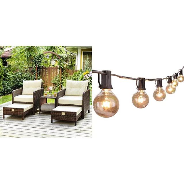 Pamapic 5 Pieces Wicker Patio Furniture Set Outdoor Patio Chairs with Ottomans Conversation Furniture with coffetable & Outdoor String Lights 25 Feet G40 Globe Patio Lights, E12 Socket Base, Black