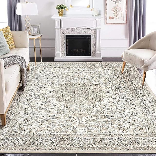 Area Rug Living Room Rugs: 9x12 Oriental Persian Floral Distressed Carpet Large Machine Washable Indoor Non Slip Decor Carpets for Under Dining Table Farmhouse Bedroom Nursery Home Office Beige