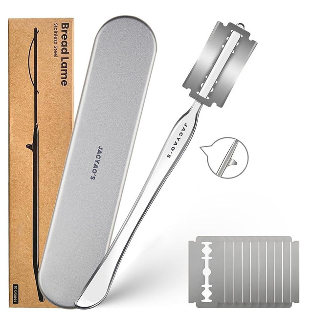 JACYAO'S Bread Lame, Sourdough Scoring Tool Made From 304 Stainless Steel, Professional Bread Scoring Tool with 10 Razor Blades and Metal Storage Box