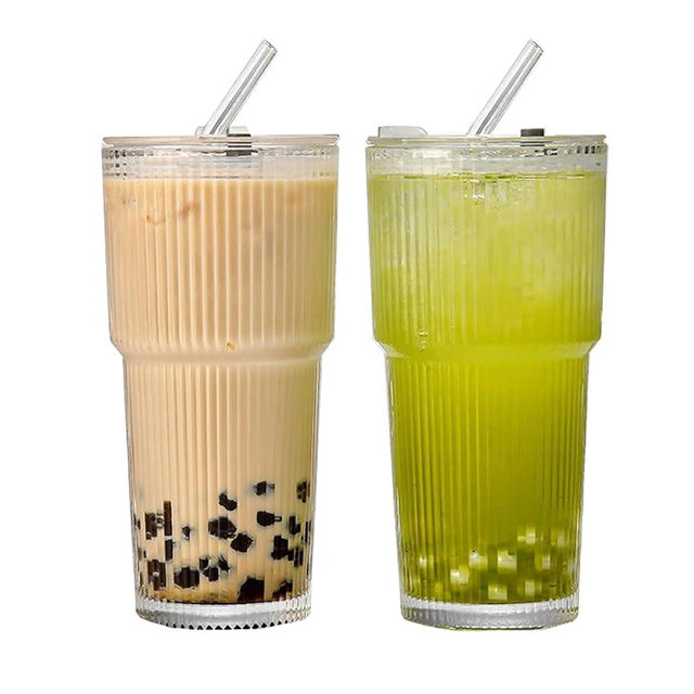 20oz Glass Tumbler with Straw and Lid,2 PCS Ribbed Glass Cups with Lids and Straws,Iced Coffee Cups with Lids,Reusable Drinking Glasses Tumbler for Whiskey,Cocktail,Juice,Tea,Latte,smoothie