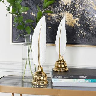 Gold Porcelain Glam Birds Feather Sculpture, Set of 2