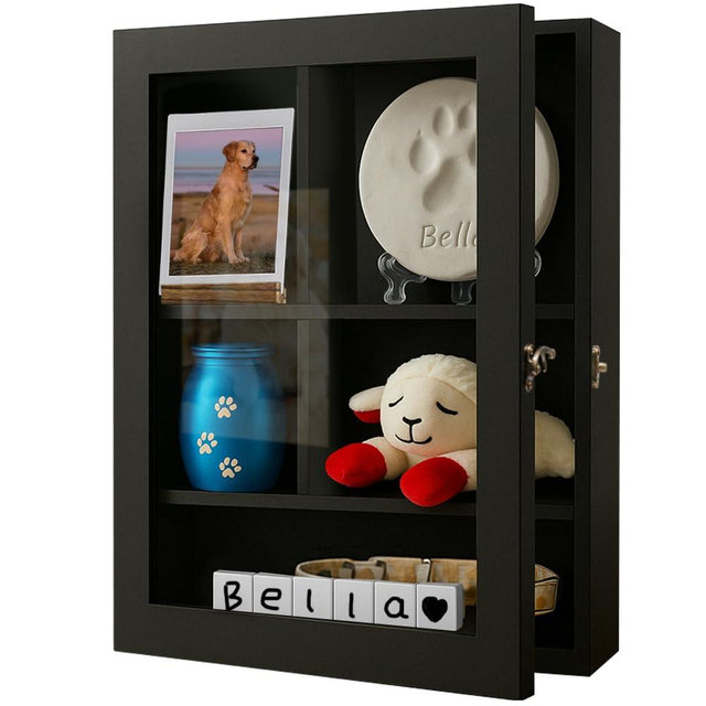 Sofunii Pet Memorial Shadow Box with Shelves,12 * 16 Inch Solid Wood Deep Memory Display Case,Personalized Keepsake Frame for Dog & Cat Lovers, Pet Remembrance Loss Sympathy Gift - Black
