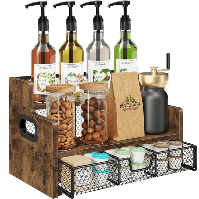 Homode Coffee Syrup Rack Organizer, 3-Tier 8 Bottles Syrup Holder Stand with 35 K Cup Storage Basket Drawer for Coffee Bar, Wood Liquor Shelf Wine Rack Countertop for Home, Rustic Brown