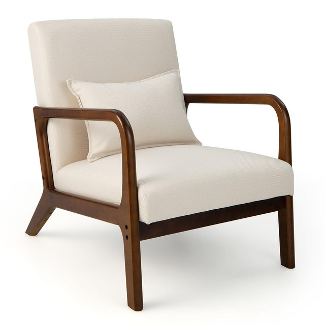 Costway Modern Accent Chair Leisure Armchair with Rubber Wood Frame & Lumbar Pillow Beige