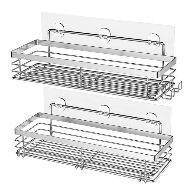 Orimade Shower Caddy with 5 Hooks for Hanging Razor and Sponge Adhesive Shower Shelf Storage Kitchen Rack No Drilling Stainless Steel - 2 Pack