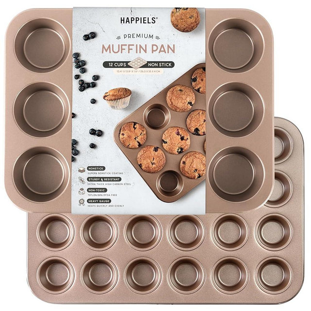HAPPIELS Bundle of 2 items: 12 Cup Muffin Pan and 24 Cup Mini Muffin Tin | Non Stick Cupcake Pans | Nontoxic Muffin Tins Regular Size | Non Toxic Bakeware Baking Pans