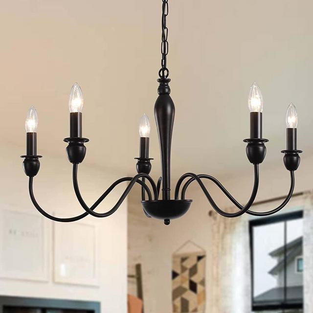 Black Chandelier 5 Light Modern Farmhouse Chandelier Adjustable Height Candle Chandelier Light Fixture Rustic Industrial Iron Chandeliers for Dining Room, Living Room, Kitchen Island, Foyer