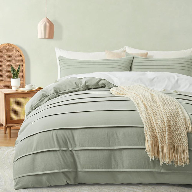Oli Anderson Mist Sage Duvet Cover King Size - Pleated King Duvet Cover, 3PCS Soft and Breathable Textured Bedding Set with Zipper Closure(Mist Sage,104"x90")