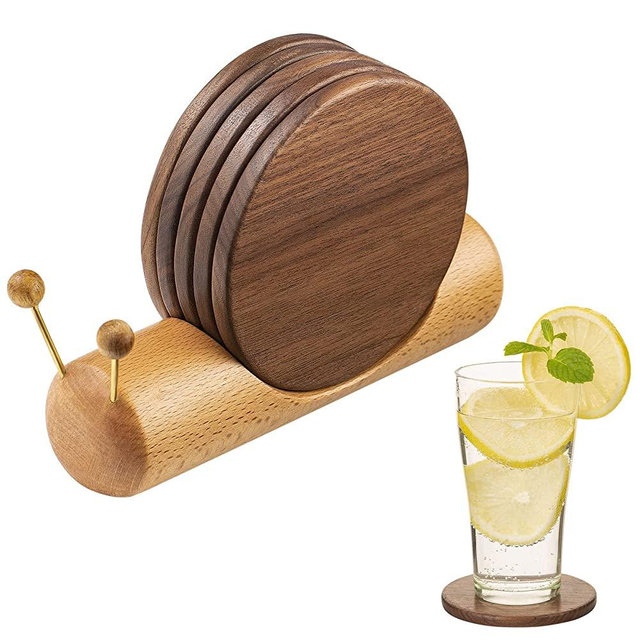 Wooden Coasters for Drinks-Natural Acacia Wood Drink Coaster Set for Drinking Glasses, Tabletop Protection for Any Table Type, Set of 5-Dia 3.5 * 3.5inchs（New Snail Coasters）