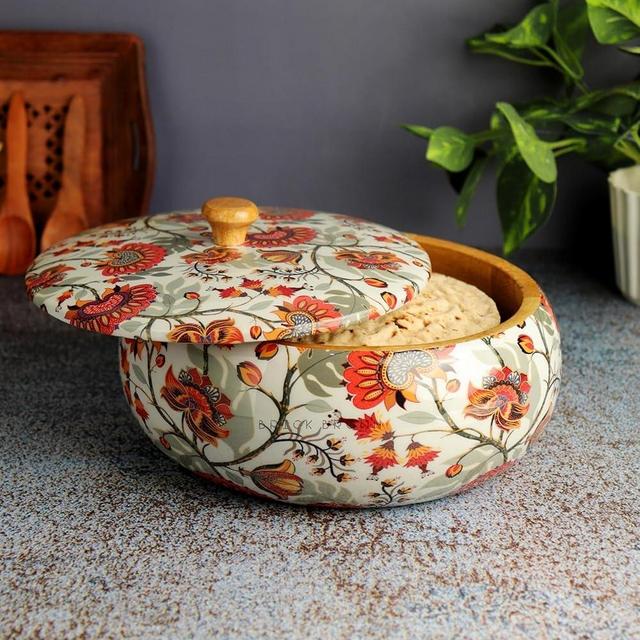 Brick Brown ® Premium Handcrafted Solid Wood Marigold Roti Casserole for Kitchen | Round Hot Pot, Roti Dabba with Lid | Casserole for Dining, (8.8x8.8x4.3Inch)