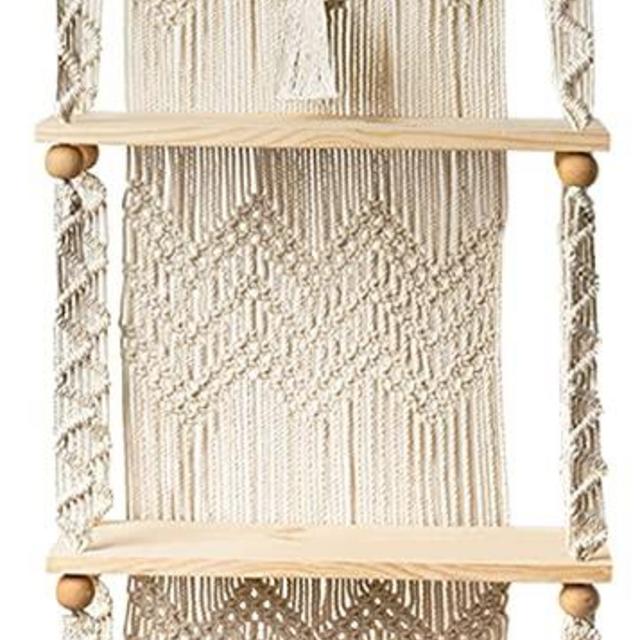 Livalaya Macrame Wall Hanging 3-Tier Floating Wall Shelves for Bedroom, Bathroom, and Nursery, Boho Wall Decor with Wood Shelves for a Cute Plant Shelf, Rustic Wood Picture Shelf, US Brand