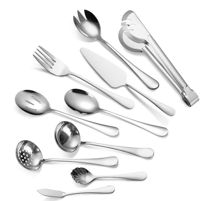 A · HOUSEWARE Stainless Steel Serving Utensil Set 10-Piece Buffet Flatware Catering Silverware with Bread Tong,Cake Spatula,Serving Ladles,Salad Fork,Cheese Knife,Large Spoon for Parties Buffet