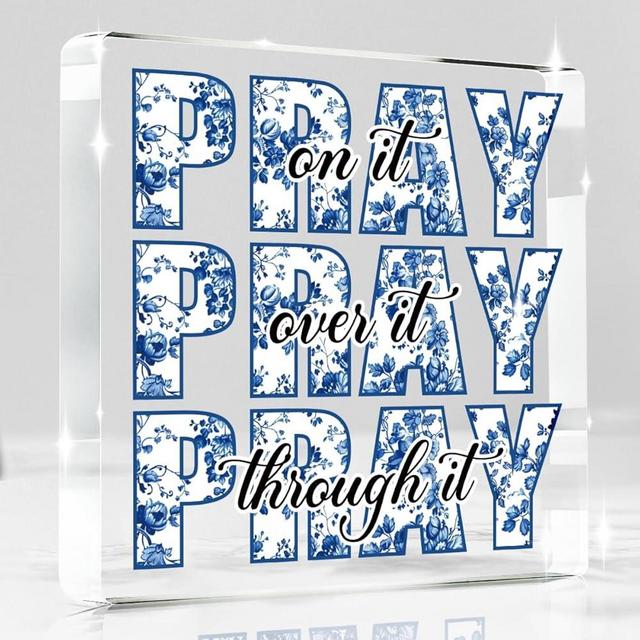 Blue Room Decor, Inspirational Christian Gifts for Women, Blue Floral Chinoiserie Dorm Bathroom Room Decoration, Office Decor for Women, Acrylic Office Desk Accessories Wall Art Sign-Pray through it