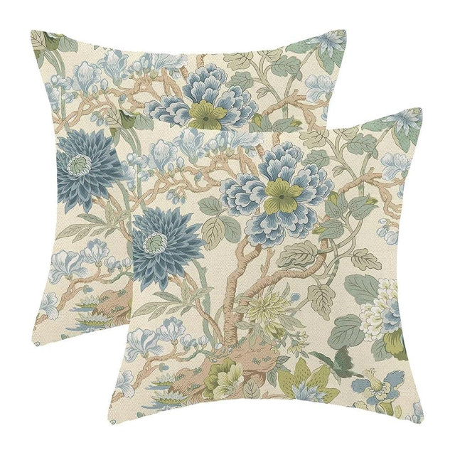 BETGINY Chinoiserie Pillow Covers 18 x 18 Inch Pack of 2, Sage Green Blue Floral Decorative Throw Pillow Cases Outdoor Linen Vintage Chinoiserie Flowers Cushion Cover for Couch Home Sofa Decor