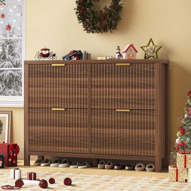 YOMILUVE Shoe Cabinet Storage for Entryway, Fluted Shoe Cabinet with 4 Flip Drawers, Hidden Shoe Rack Freestanding Wooden Shoe Organizer with Legs for Hallway, Walnut