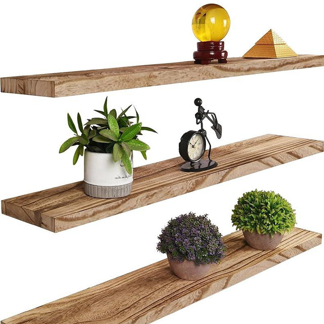 YYWUOJJ Wood Floating Shelves for Wall Decor, Rustic Wall Shelves for Bedroom Bathroom Kitchen Living Room, Set of 4 Light Walnut 36 Inch