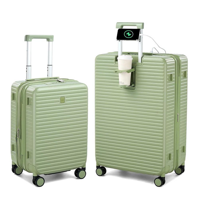 HanTrip Hard Shell Suitcases Expandable Travel Luggage Sets 2 Piece, Carry on and Check in Luggage Lightweight Suitcase Set 2 Piece with Wheels Cup Holder Charger Built in (Bamboo Green, 20/28)
