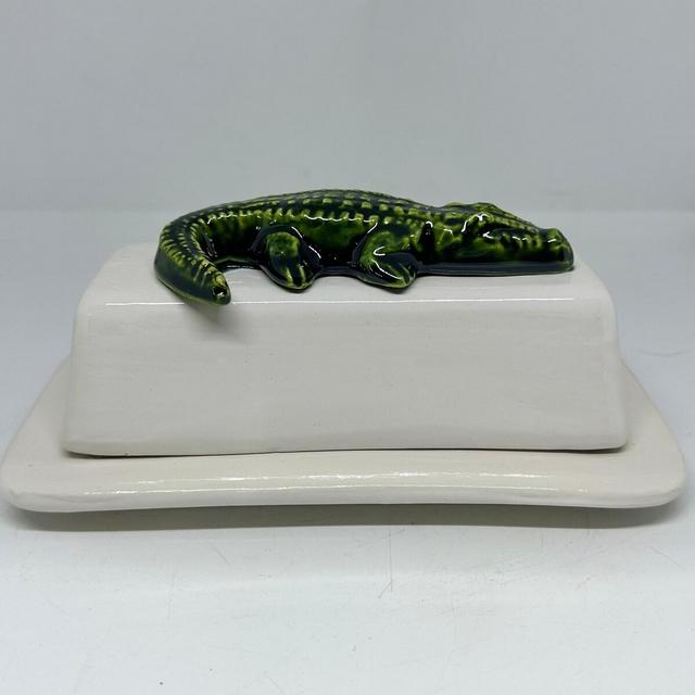 White with Dark Green Alligator Butter Dish with Lid, Handmade Ceramic