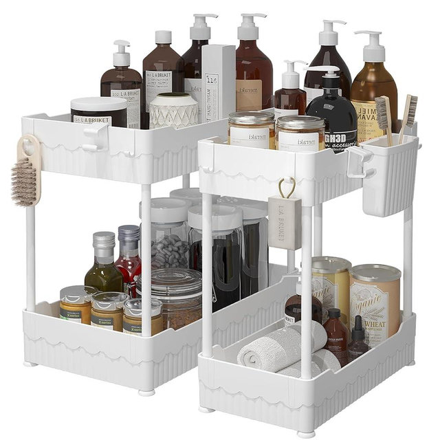 Sevenblue 2 Pack Under Sink Organizer, Under Bathroom Cabinet Organizer with Hooks Hanging Cup, Multi-Purpose Storage Shelf for Kitchen Bathroom (White, XL)